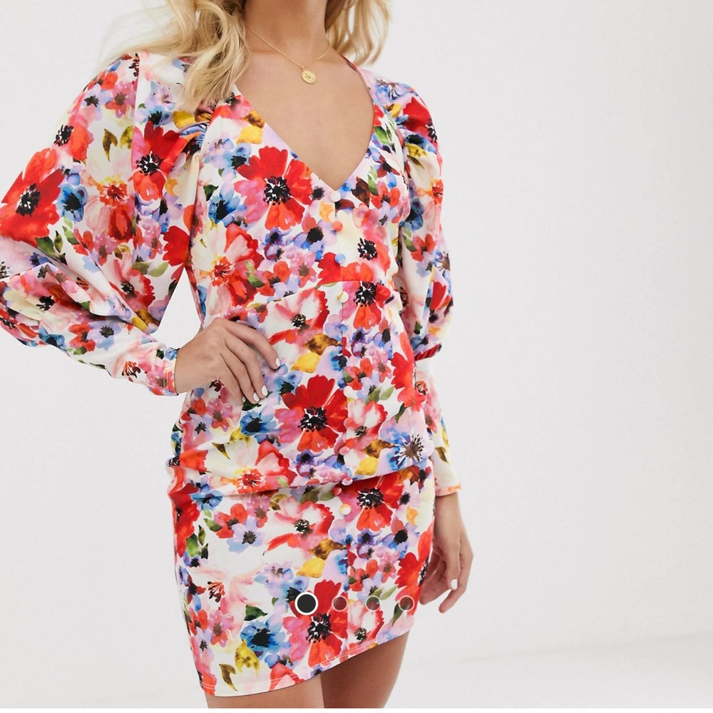 ASOS Floral Button Puff Sleeve Mini Dress Size 4